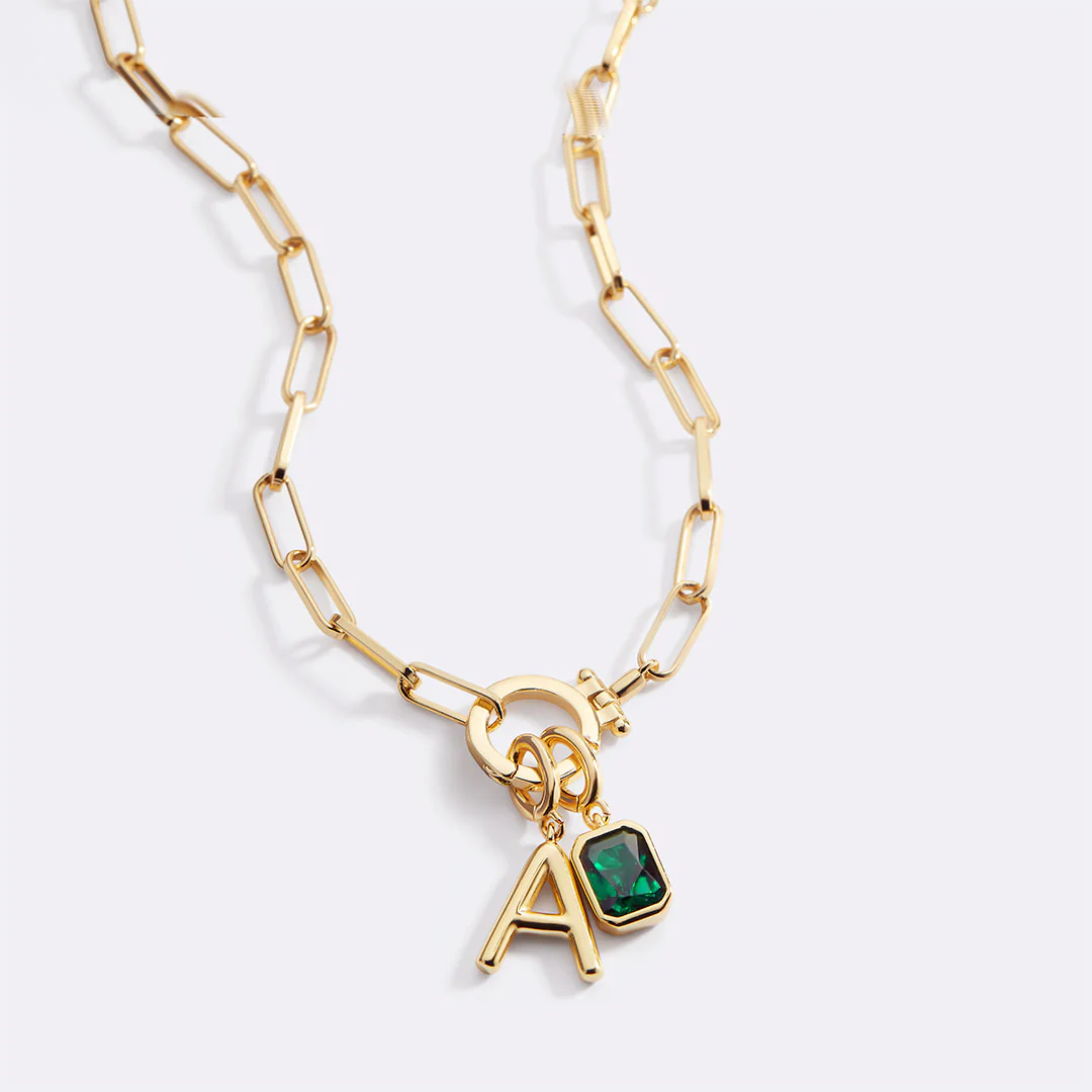 Mint Paperclip Necklace with Initial & Birthstone Charm