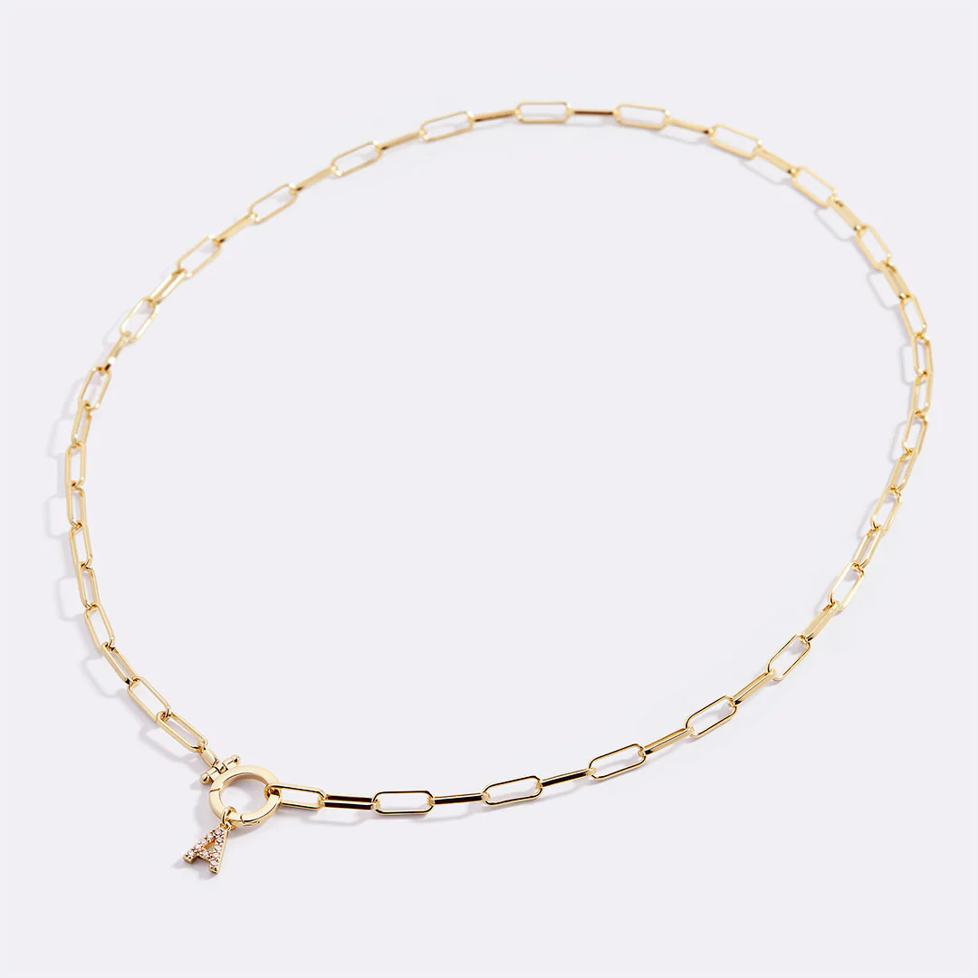 Mint Paperclip Necklace with Pave Initial Charm