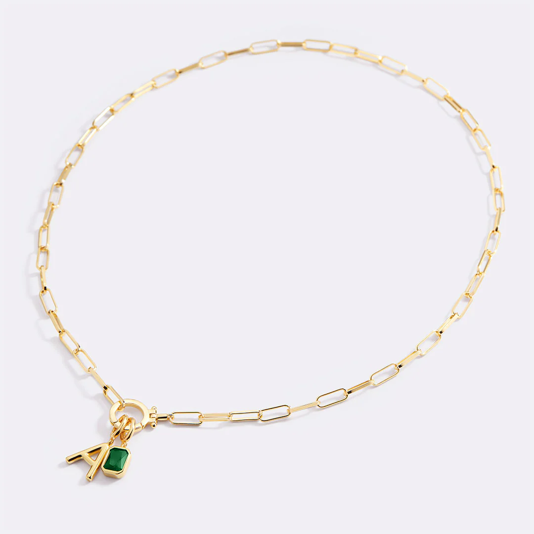 Mint Paperclip Necklace with Initial & Birthstone Charm