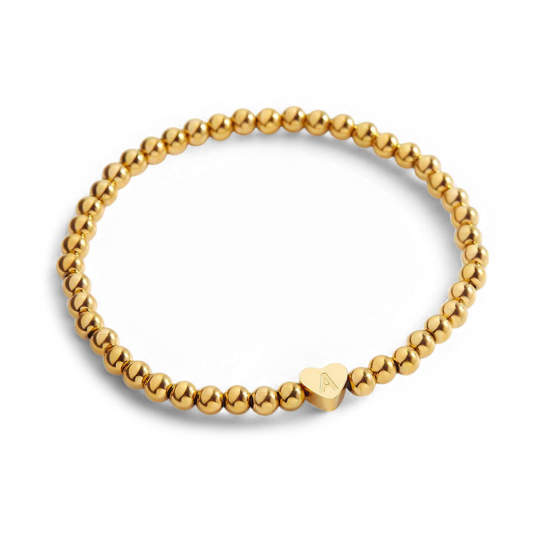 Gold Beaded Bracelet with Heart Initial