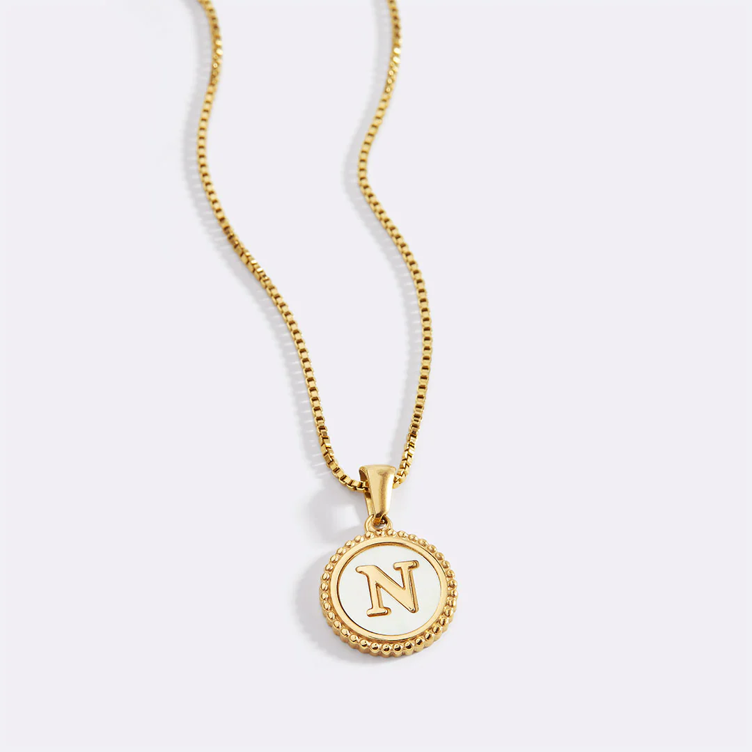 Mother of Pearl Disc Letter Necklace with Box Chain