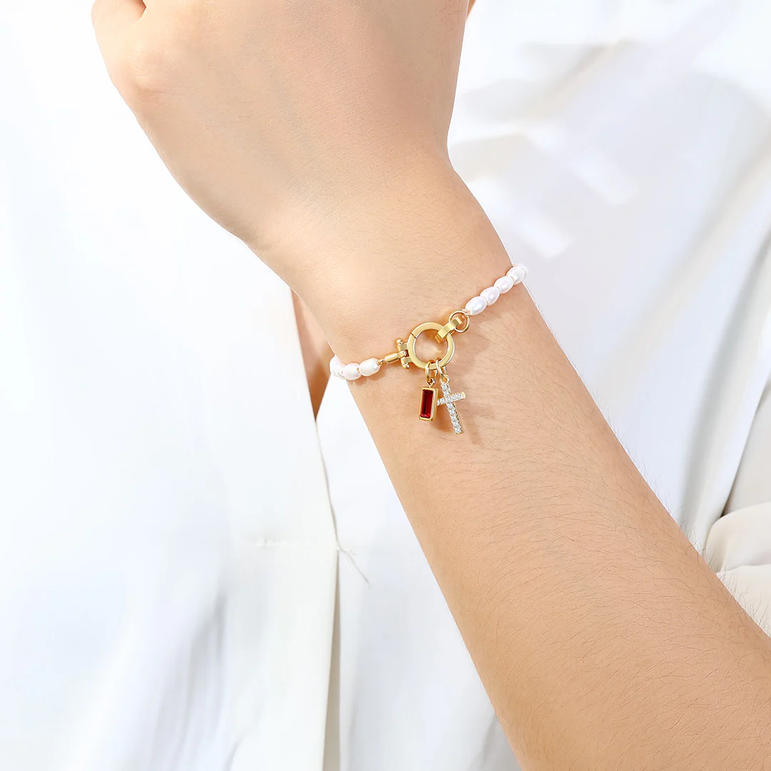 Pearl Cross Charm Bracelet