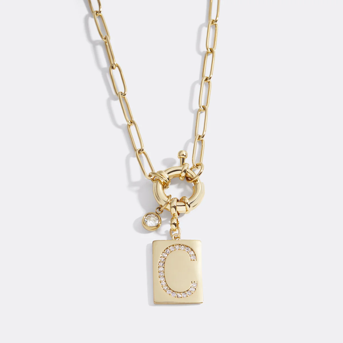 Pave Initial Pendant Necklace with Paperclip Chain