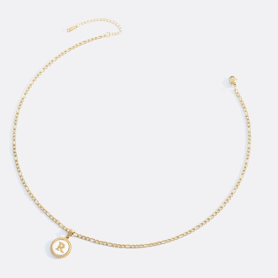 Mother of Pearl Disc Letter Necklace with Figaro Chain