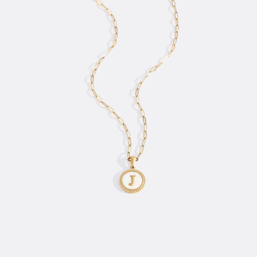 Mother of Pearl Disc Letter Necklace with Paperclip Chain