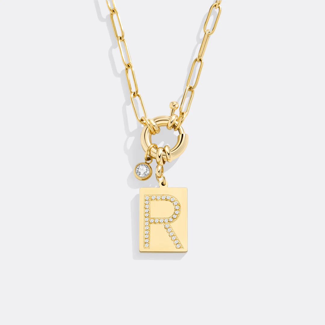 Pave Initial Pendant Necklace with Paperclip Chain