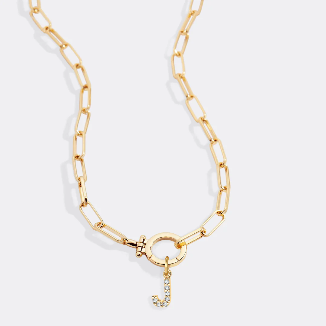 Mint Paperclip Necklace with Pave Initial Charm