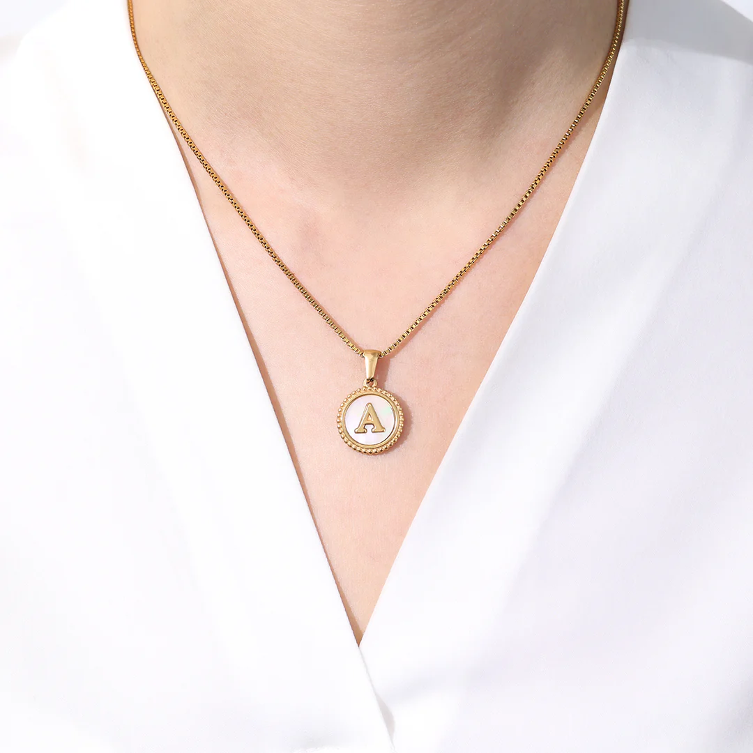Mother of Pearl Disc Letter Necklace with Box Chain