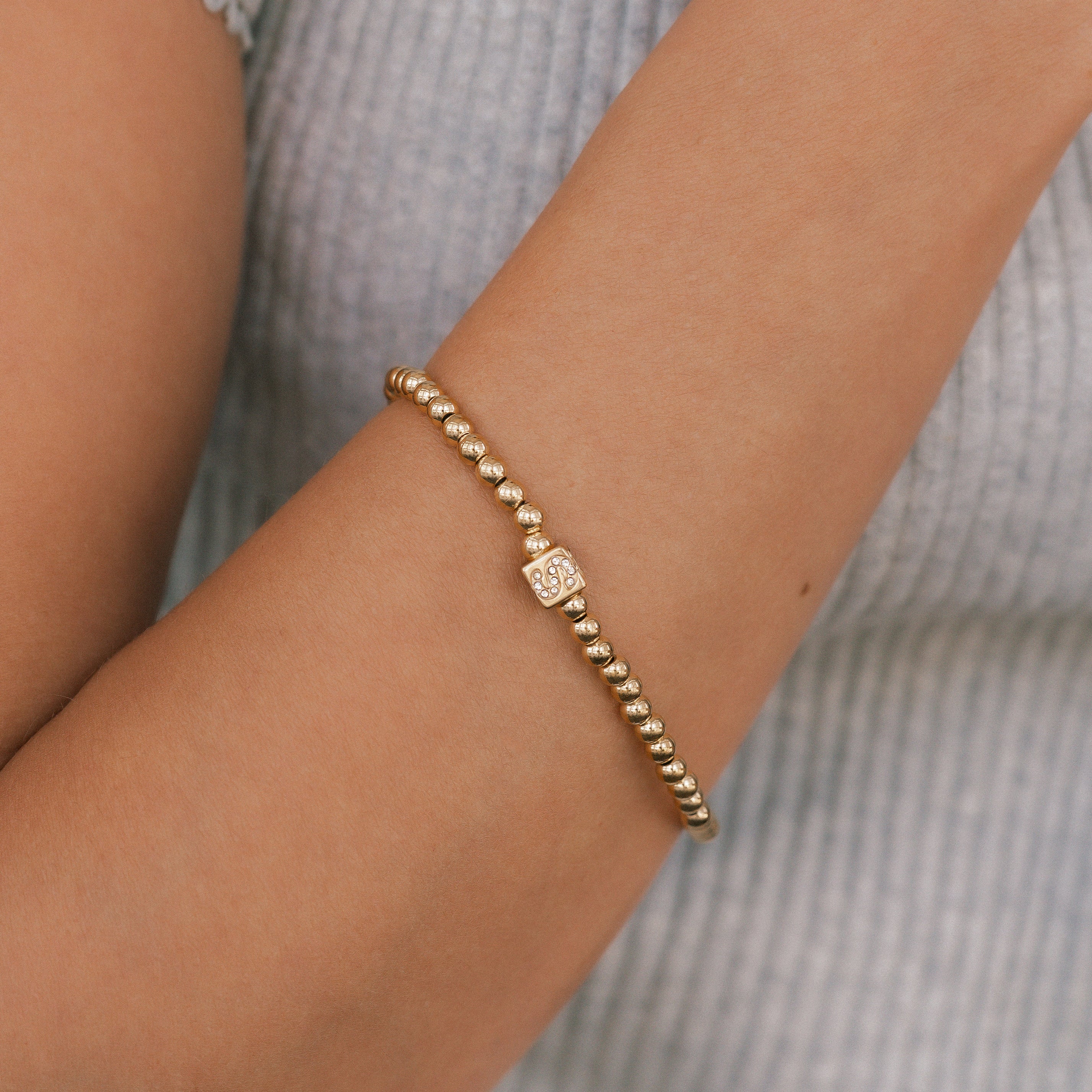 Gold Beaded Block Initial Bracelet