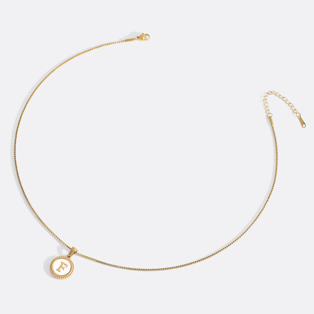 Mother of Pearl Disc Letter Necklace with Box Chain