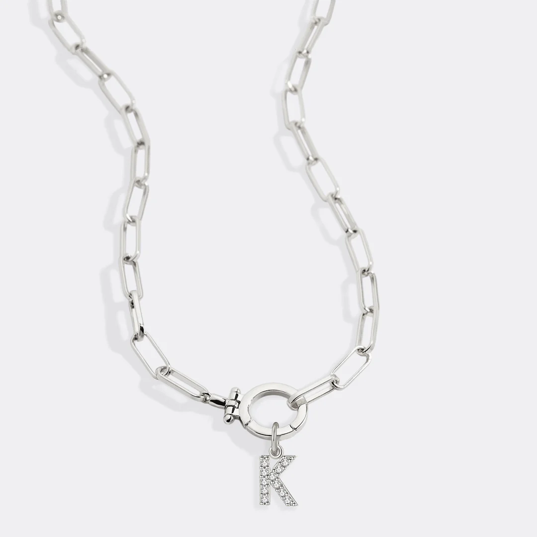 Mint Paperclip Necklace with Pave Initial Charm