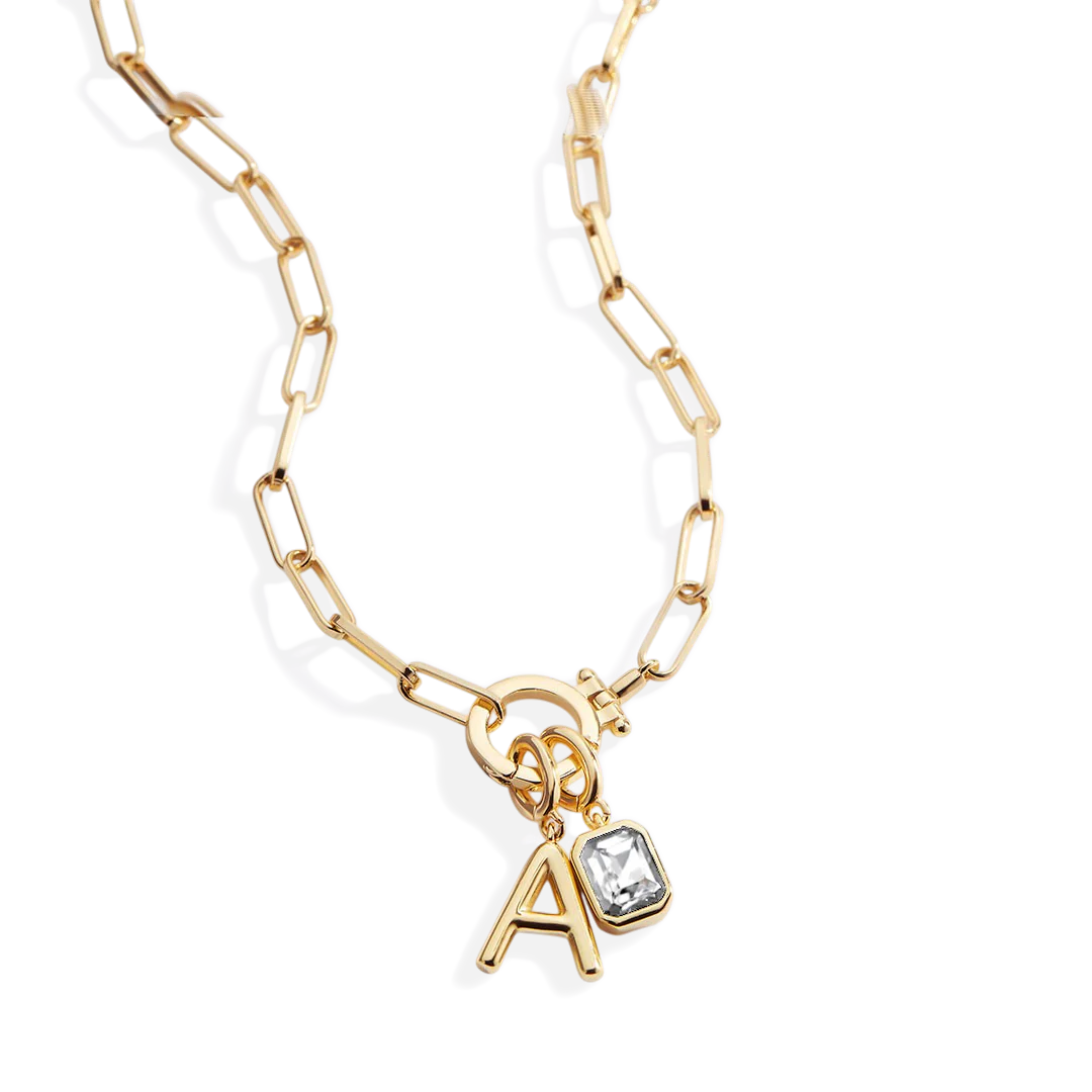 Mint Paperclip Necklace with Initial & Birthstone Charm