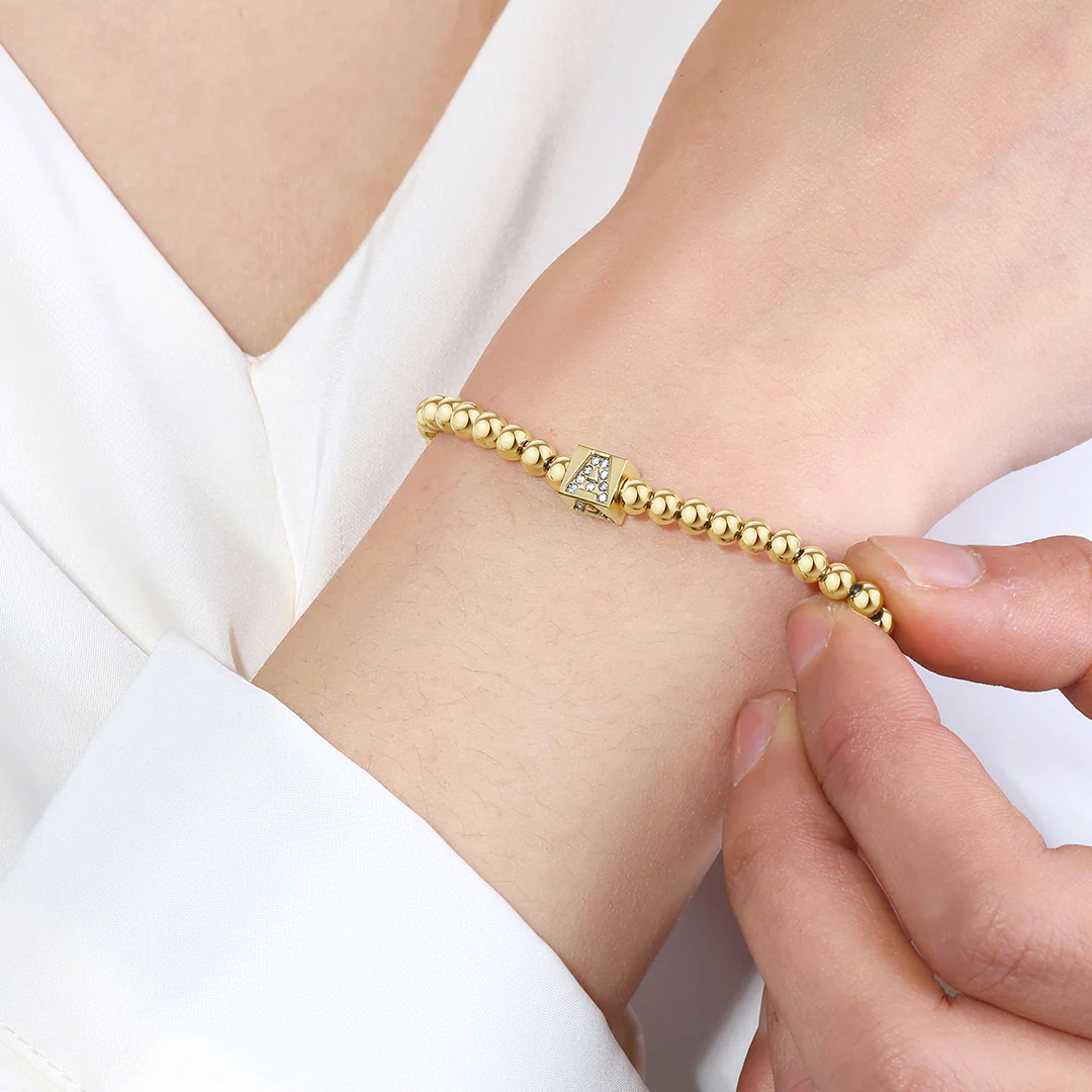 Gold Beaded Block Initial Bracelet