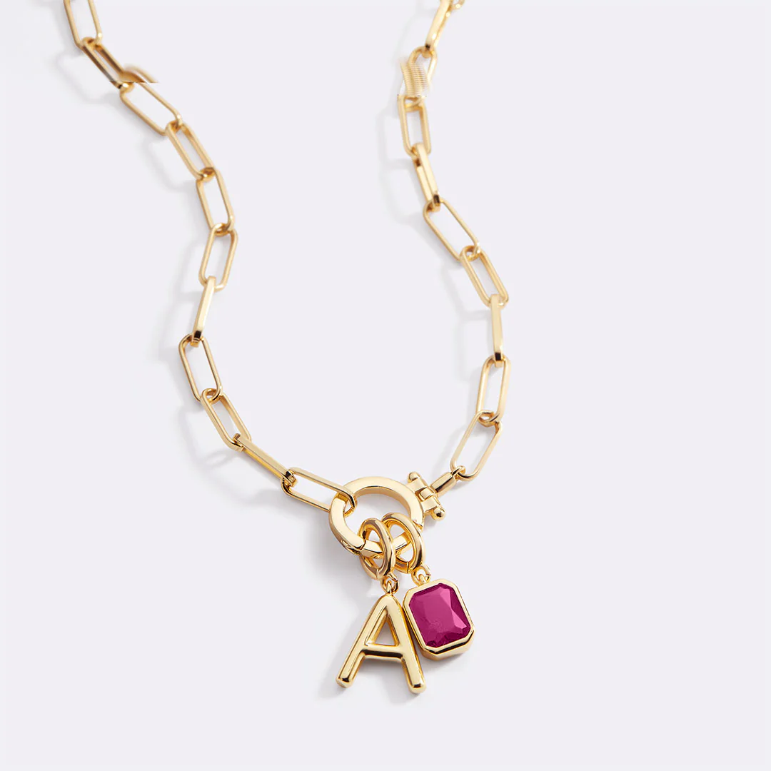 Mint Paperclip Necklace with Initial & Birthstone Charm