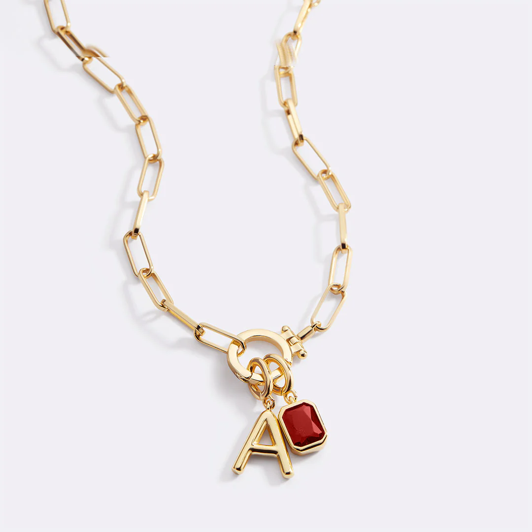 Mint Paperclip Necklace with Initial & Birthstone Charm