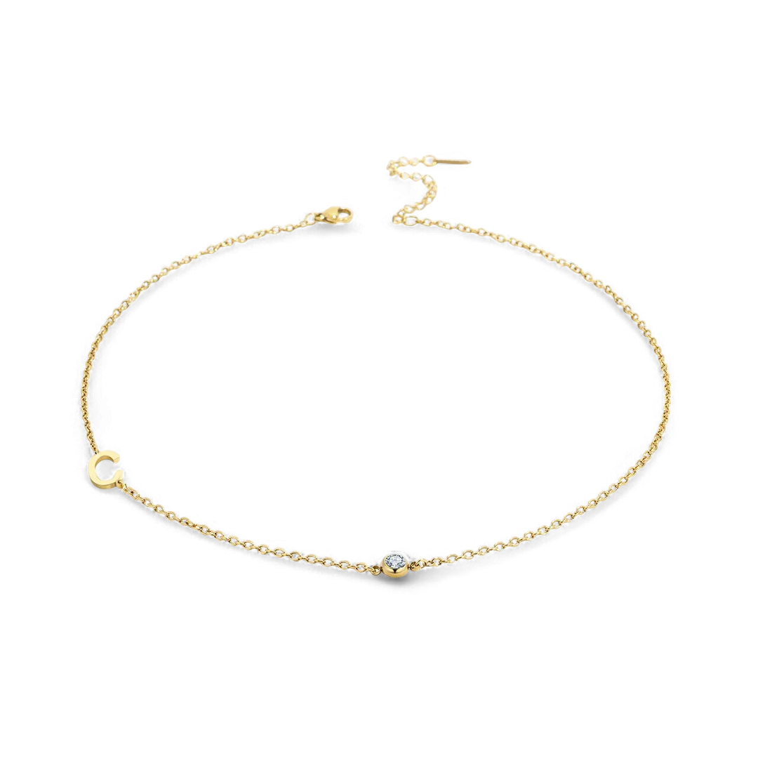 Initial Necklace with Birthstone Accent