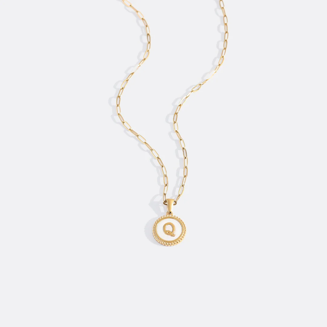 Mother of Pearl Disc Letter Necklace with Paperclip Chain