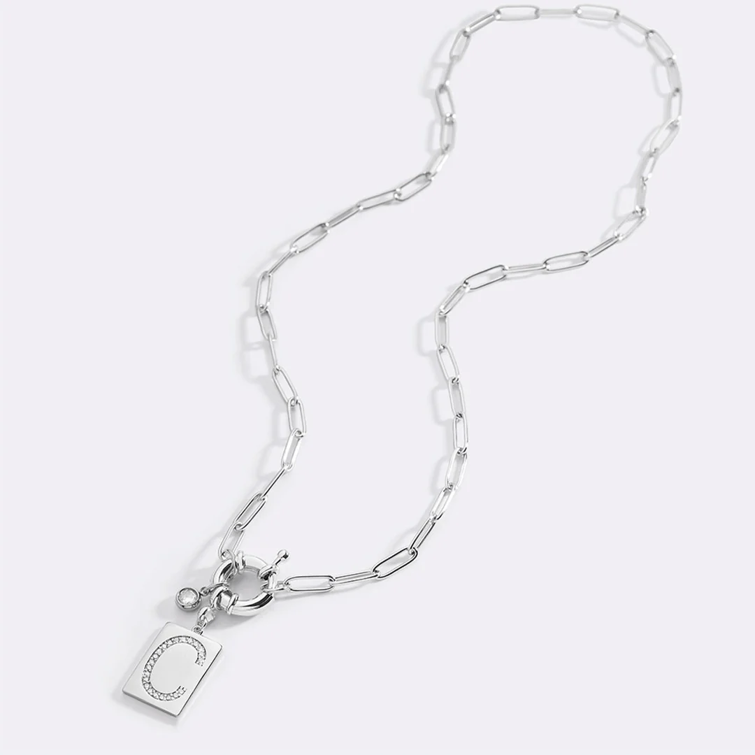 Pave Initial Pendant Necklace with Paperclip Chain