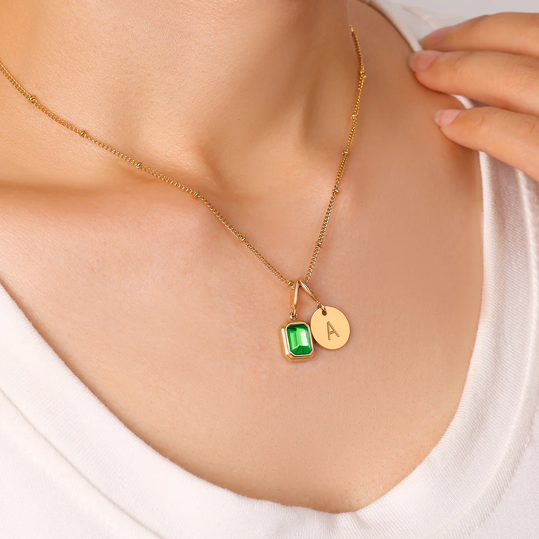 Baguette Birthstone & Initial Necklace