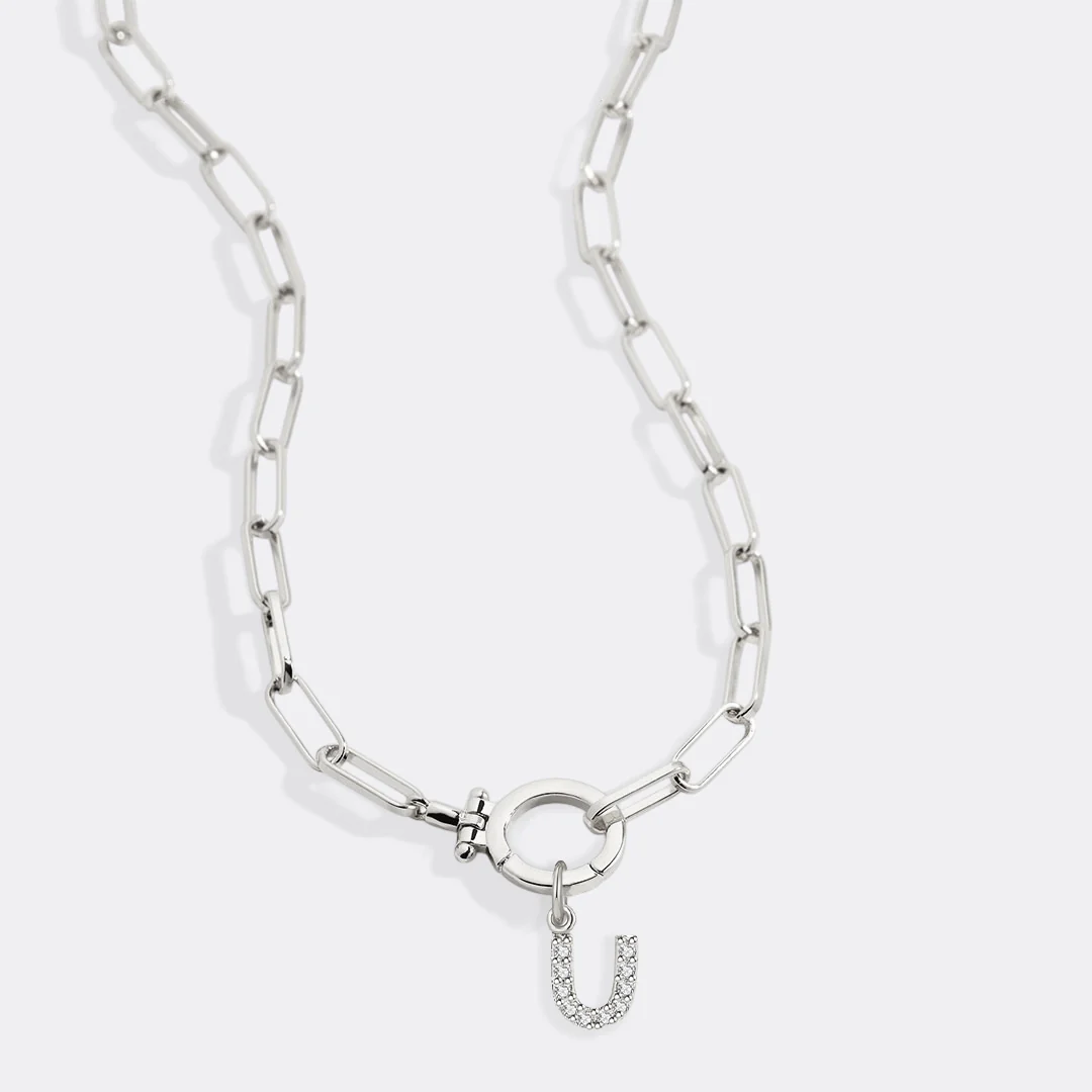 Mint Paperclip Necklace with Pave Initial Charm