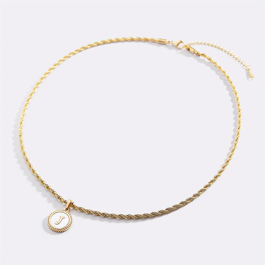 Mother of Pearl Disc Letter Necklace with Rope Chain