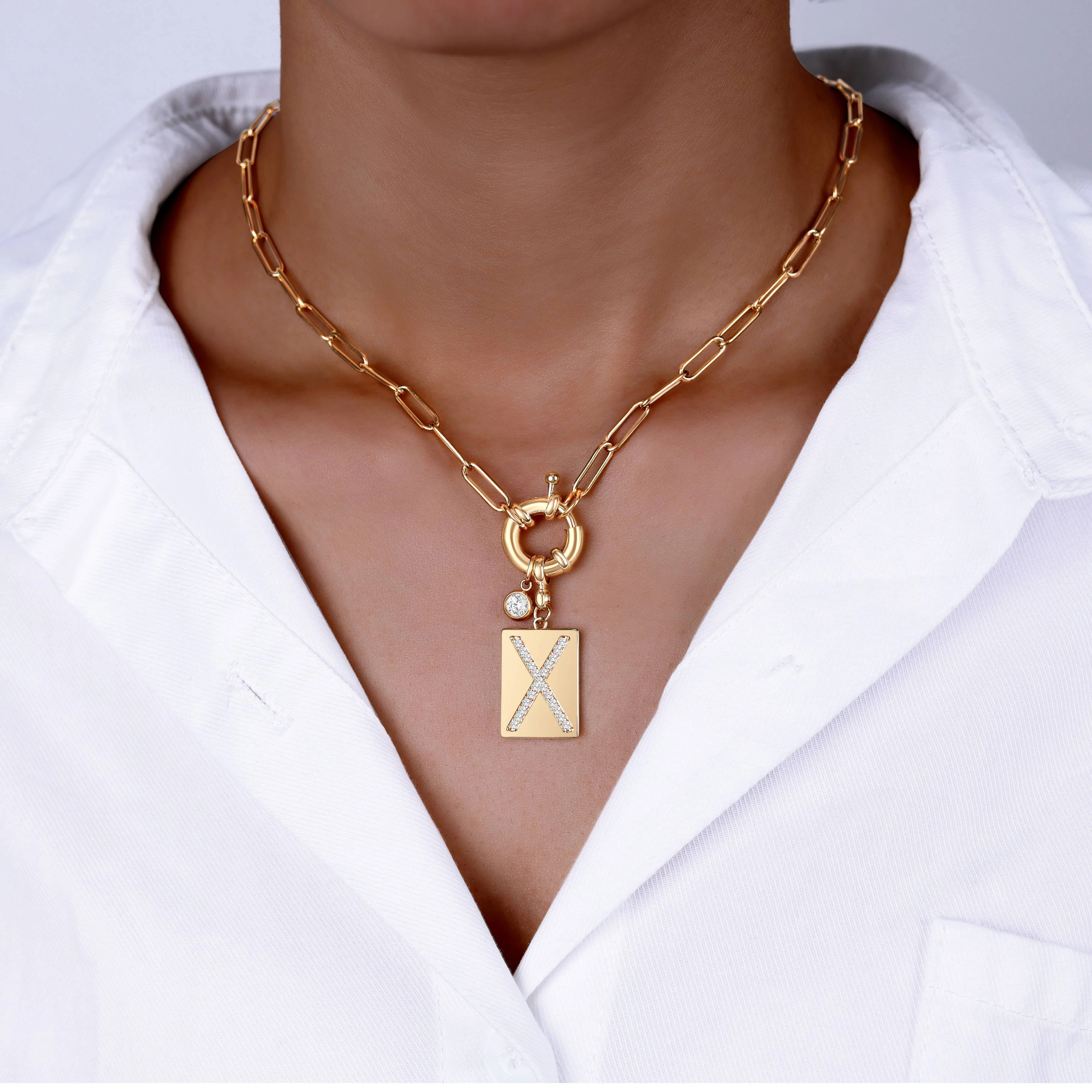 Pave Initial Pendant Necklace with Paperclip Chain