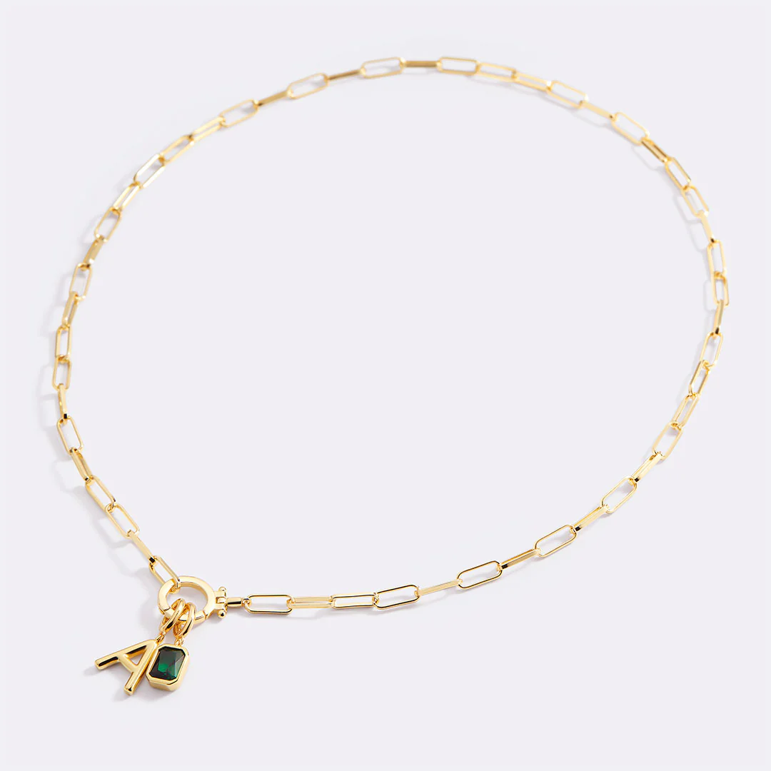 Mint Paperclip Necklace with Initial & Birthstone Charm