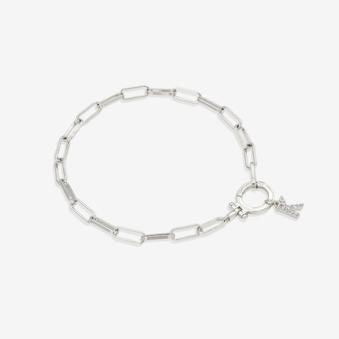 Mint Paperclip Bracelet with Pave Initial Charm