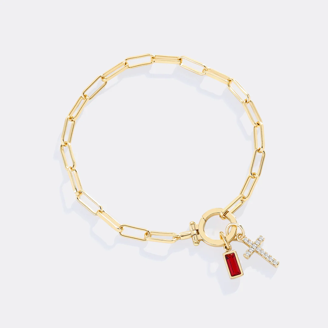 Cross Charm Birthstone Paperclip Bracelet