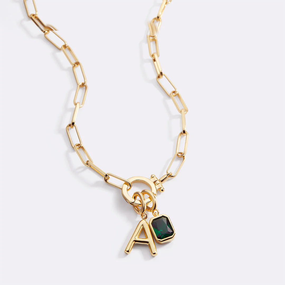 Mint Paperclip Necklace with Initial & Birthstone Charm