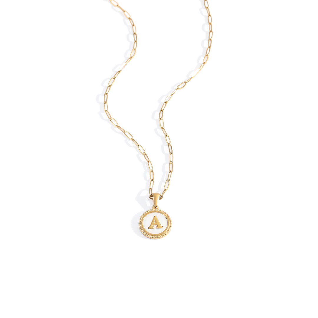 Mother of Pearl Disc Letter Necklace with Paperclip Chain