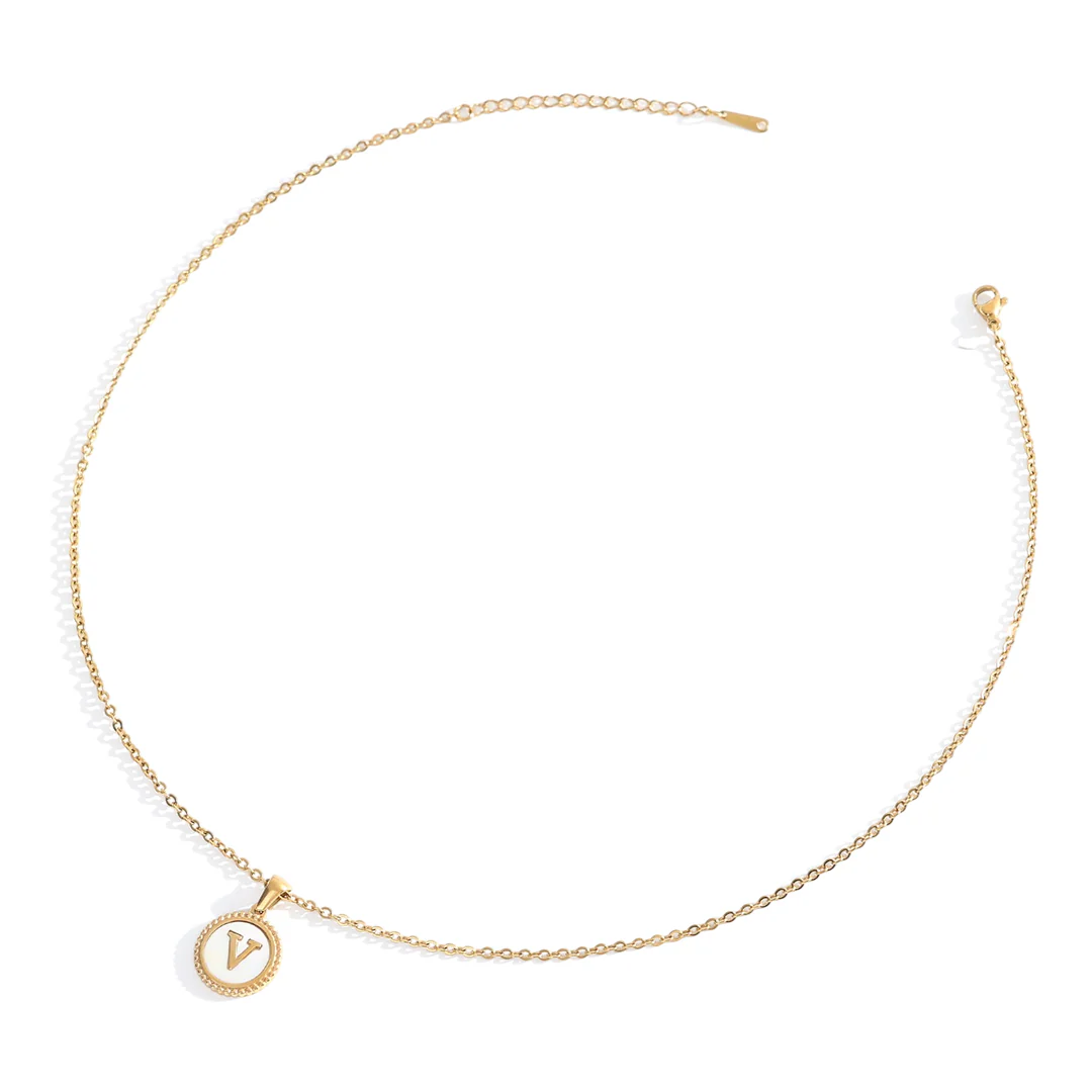 Mother of Pearl Disc Letter Necklace with Cable Chain