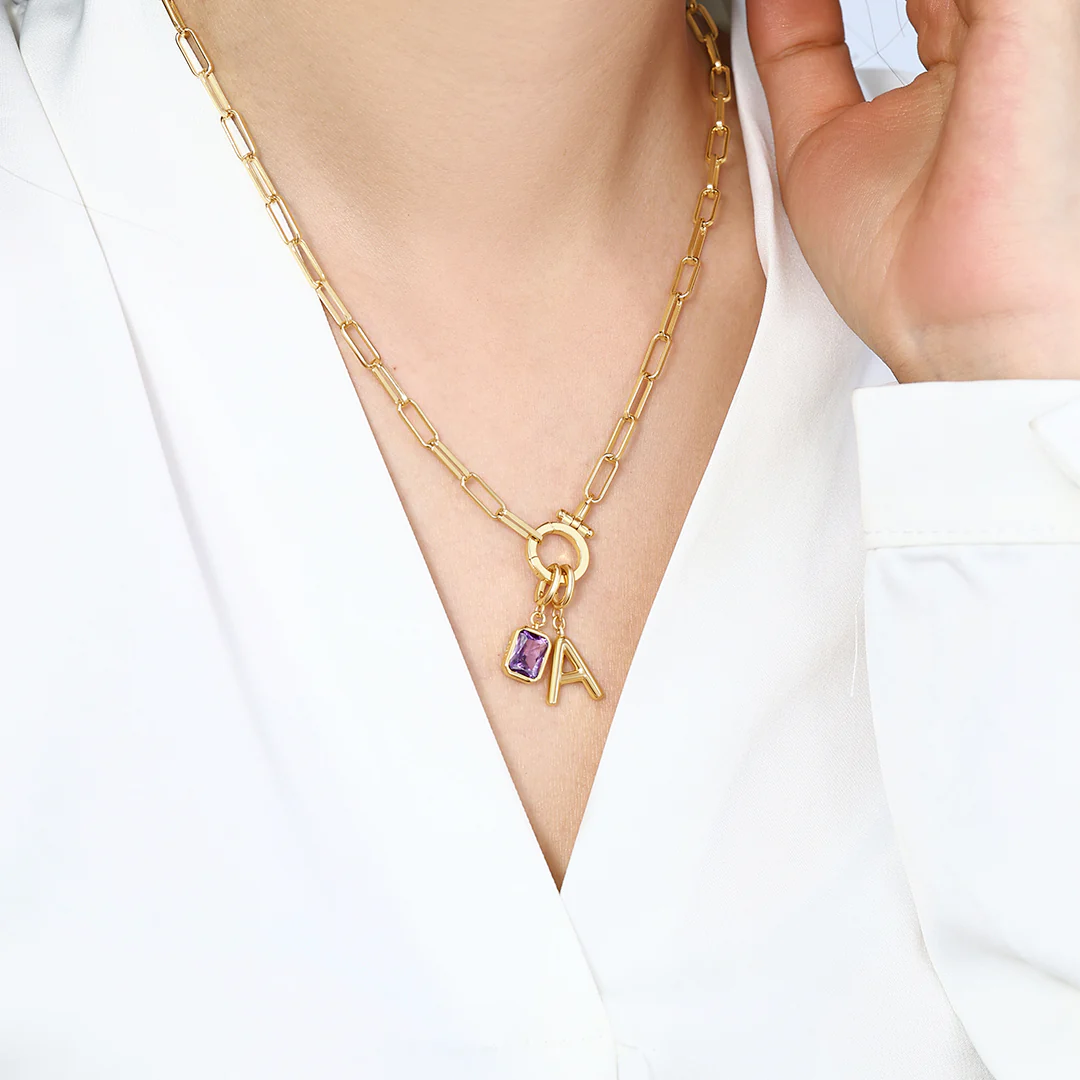 Mint Paperclip Necklace with Initial & Birthstone Charm