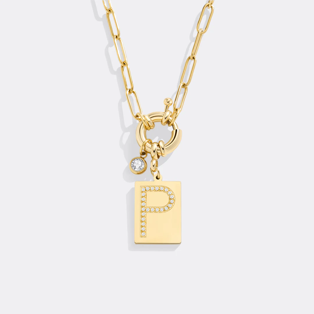 Pave Initial Pendant Necklace with Paperclip Chain