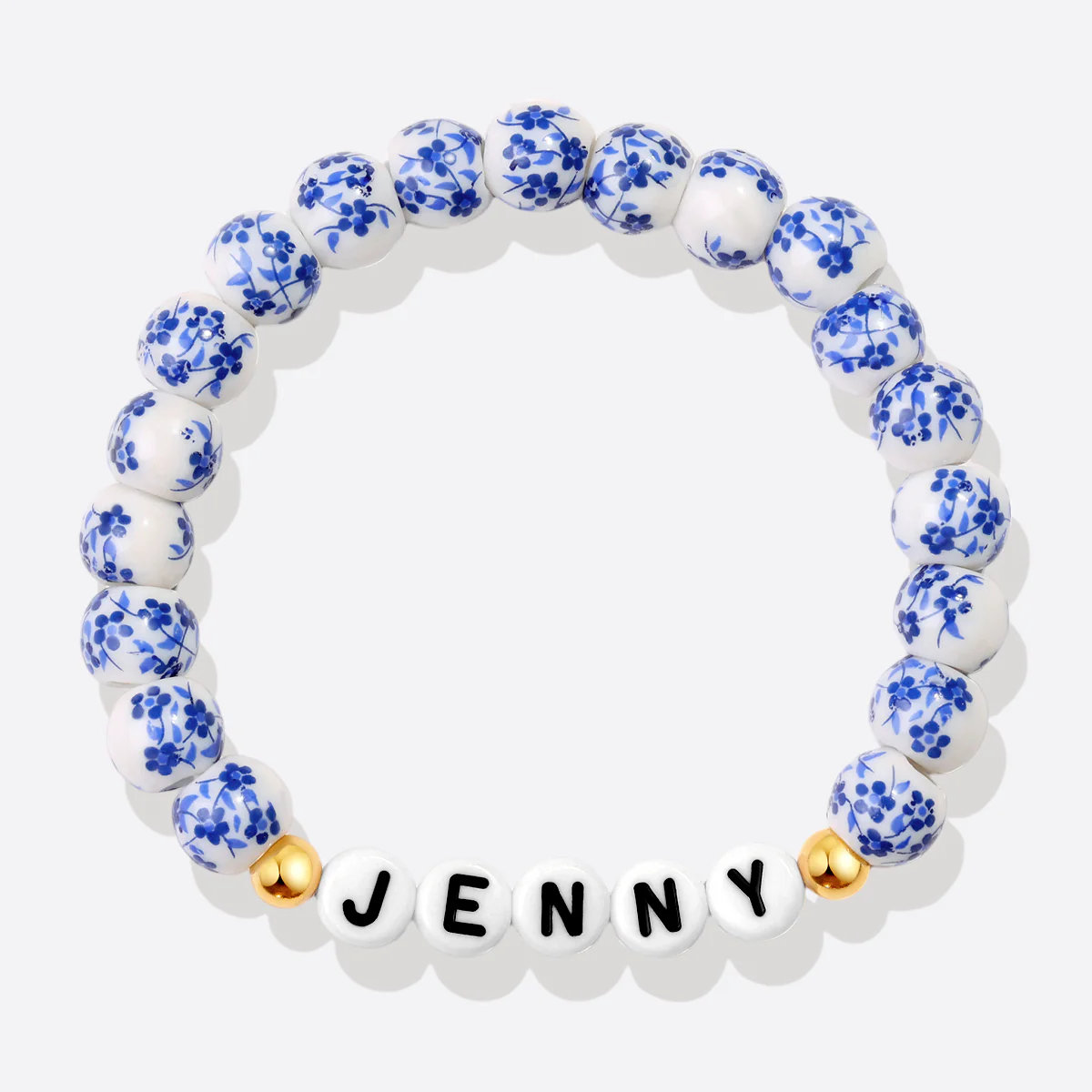Custom Name Blue Porcelain Floral Beaded Bracelet