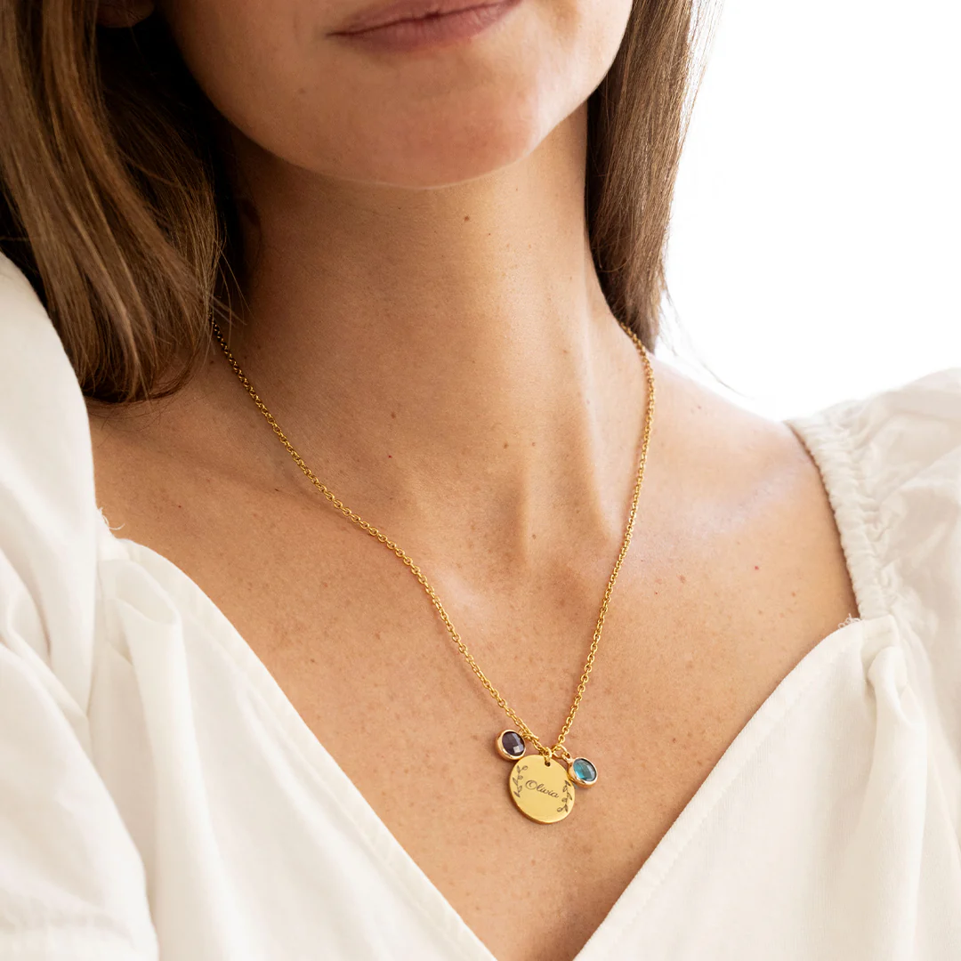 Engraved Birthstone Pendant Necklace with Leaves