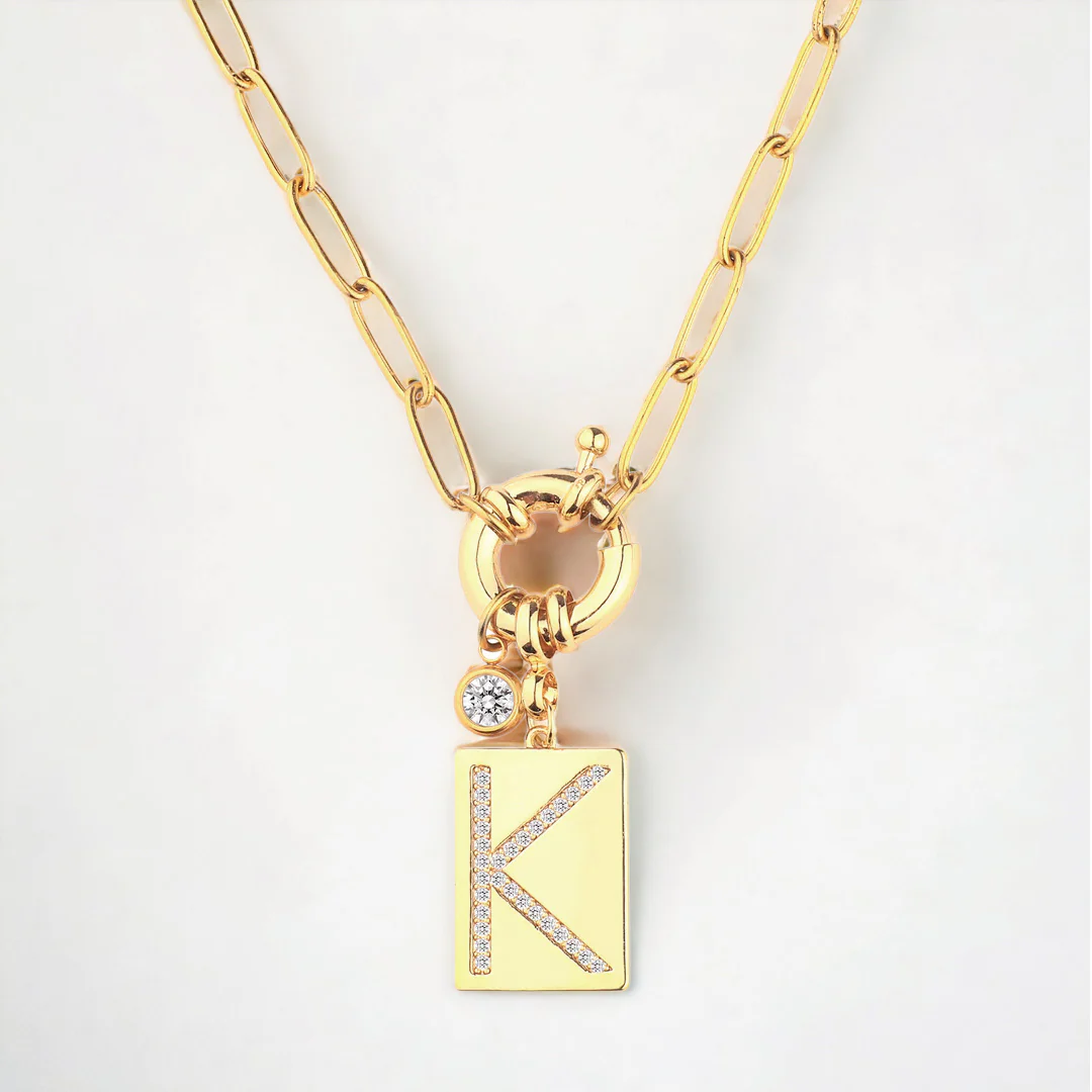 Pave Initial Pendant Necklace with Paperclip Chain