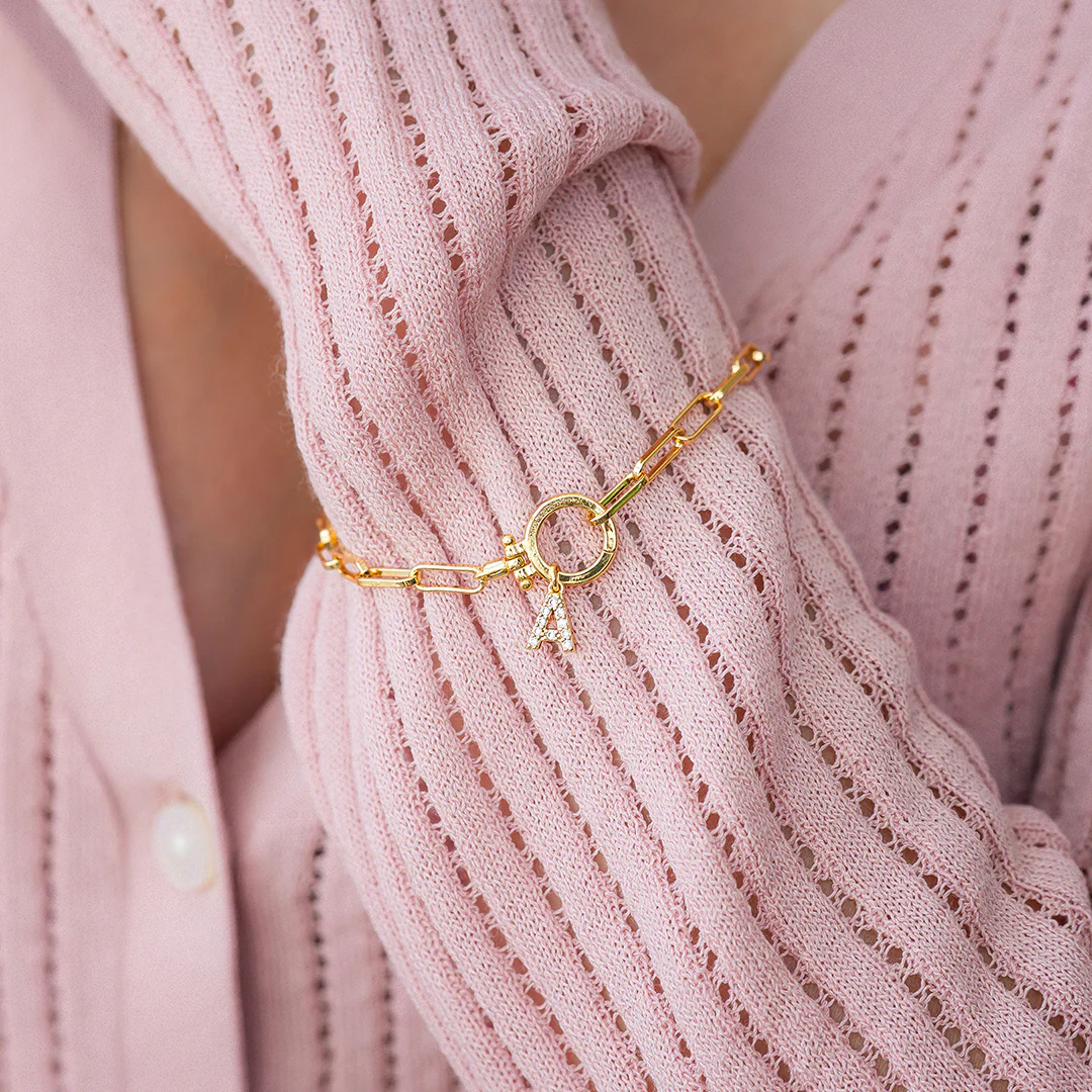 Mint Paperclip Bracelet with Pave Initial Charm