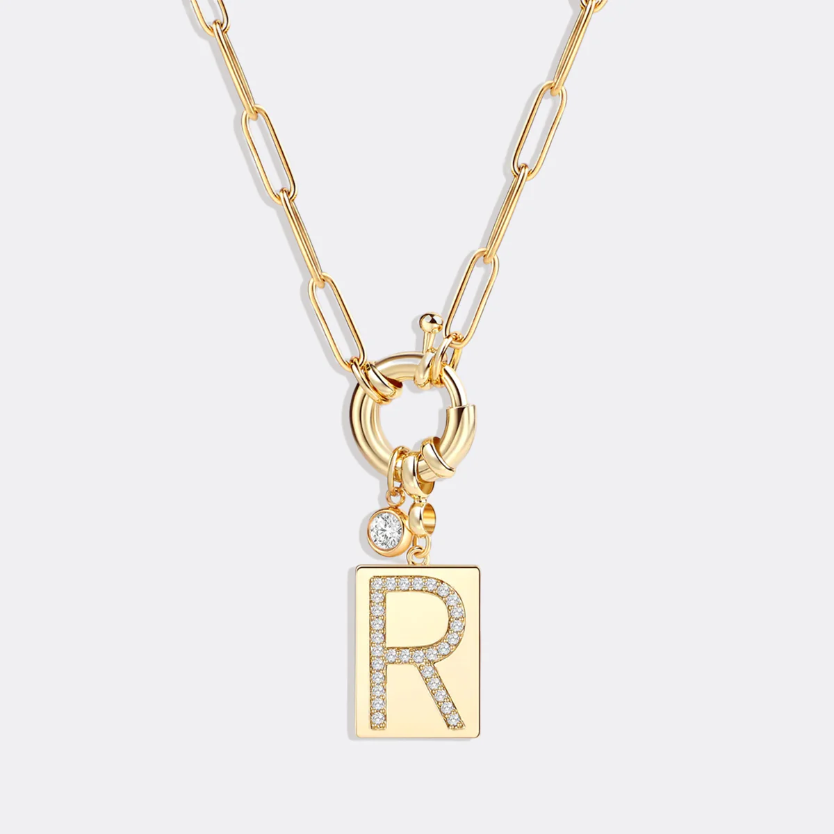 Pave Initial Pendant Necklace with Paperclip Chain