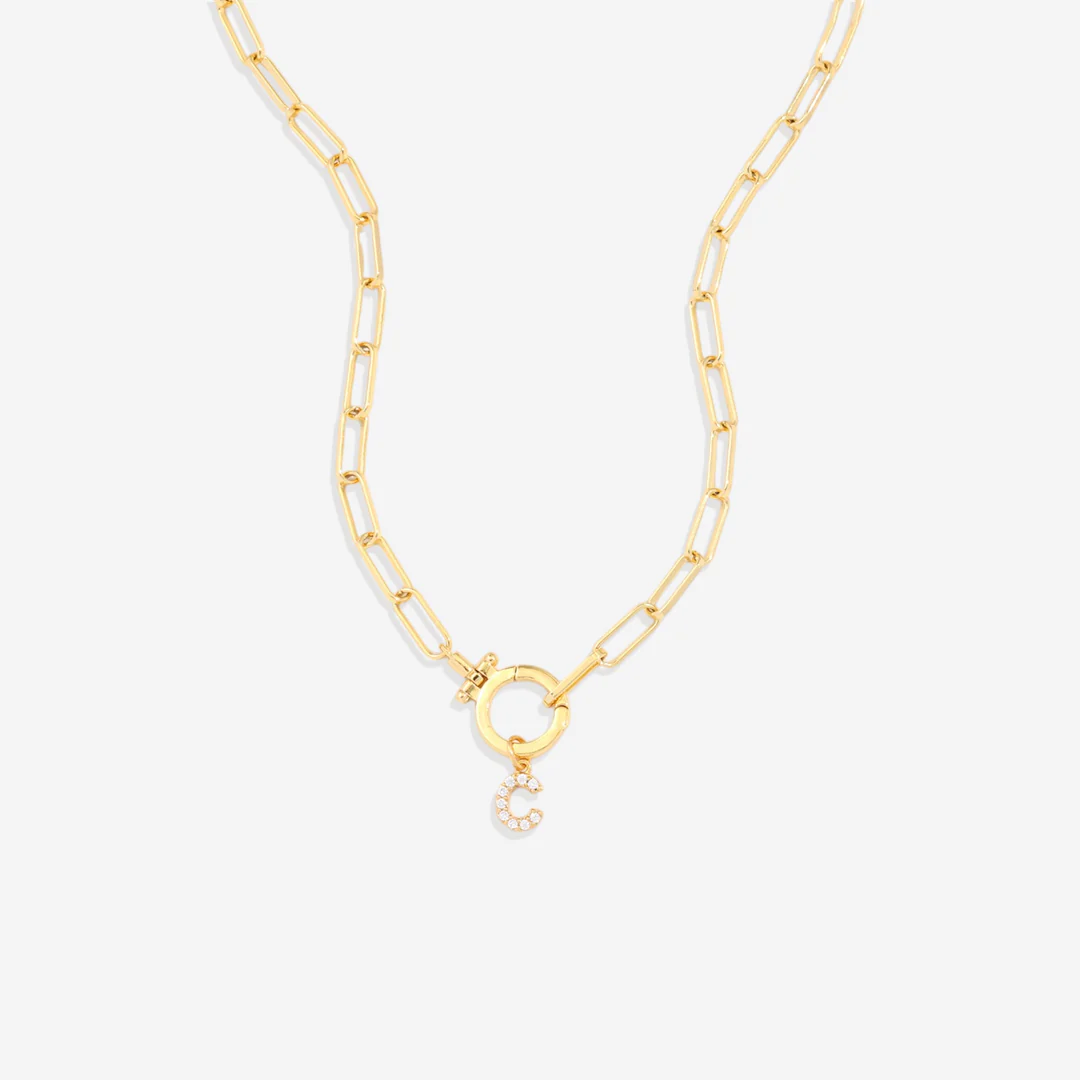 Mint Paperclip Necklace with Pave Initial Charm