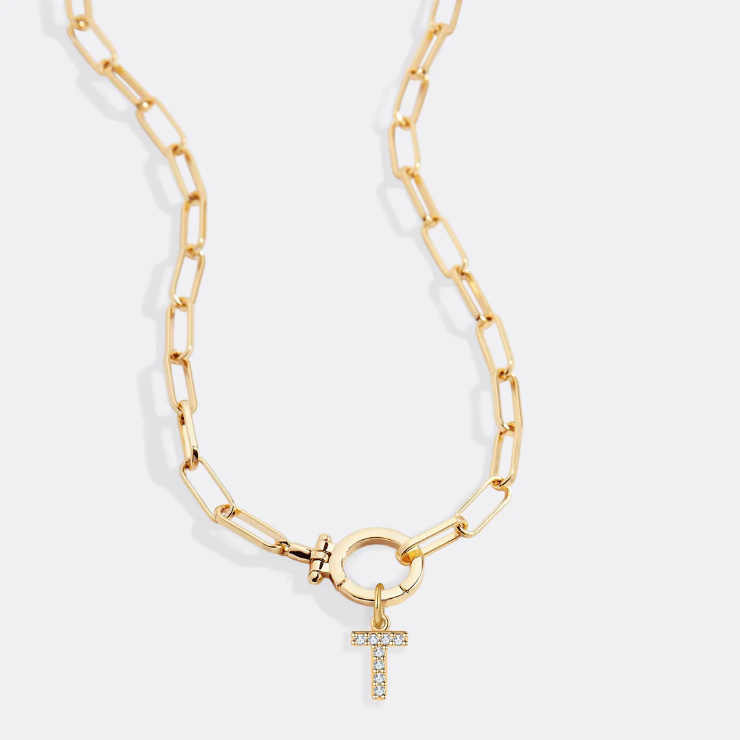 Mint Paperclip Necklace with Pave Initial Charm