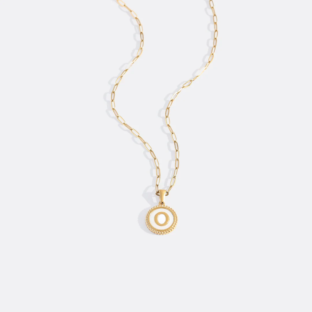 Mother of Pearl Disc Letter Necklace with Paperclip Chain