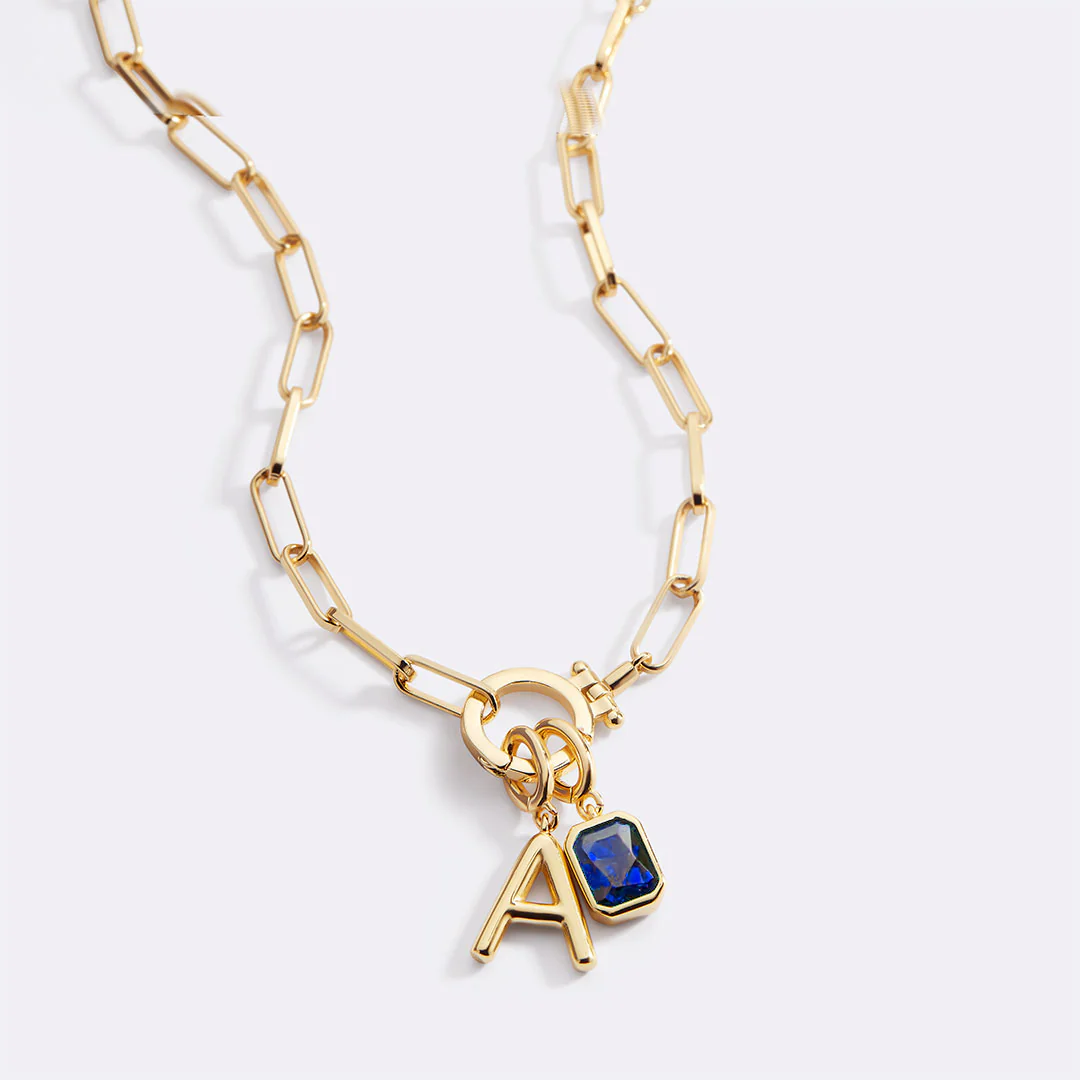 Mint Paperclip Necklace with Initial & Birthstone Charm