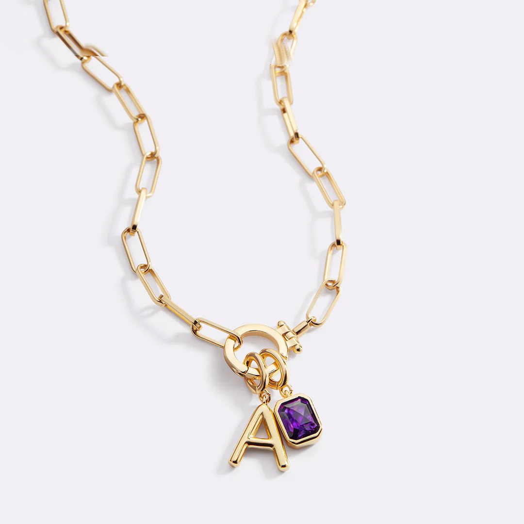 Mint Paperclip Necklace with Initial & Birthstone Charm