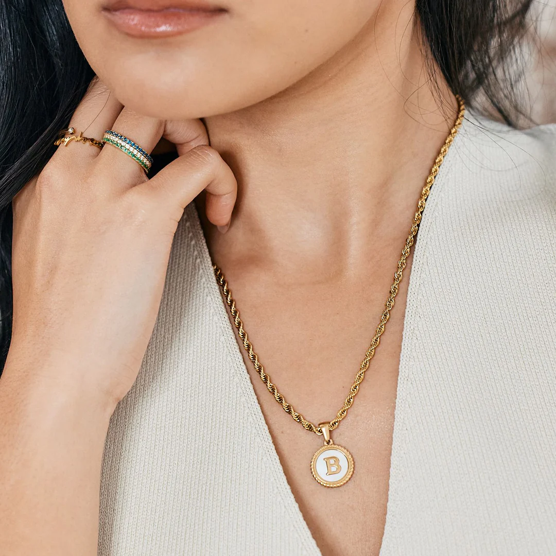 Mother of Pearl Disc Letter Necklace with Rope Chain
