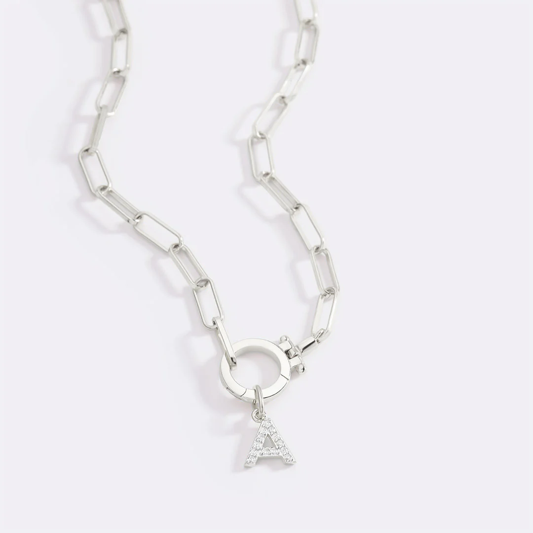 Mint Paperclip Necklace with Pave Initial Charm