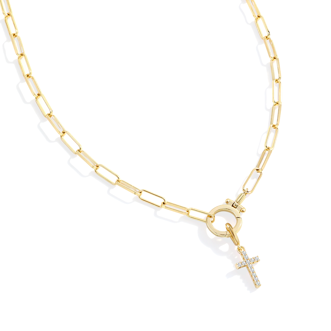 Mint Paperclip Necklace with Pave Cross Charm