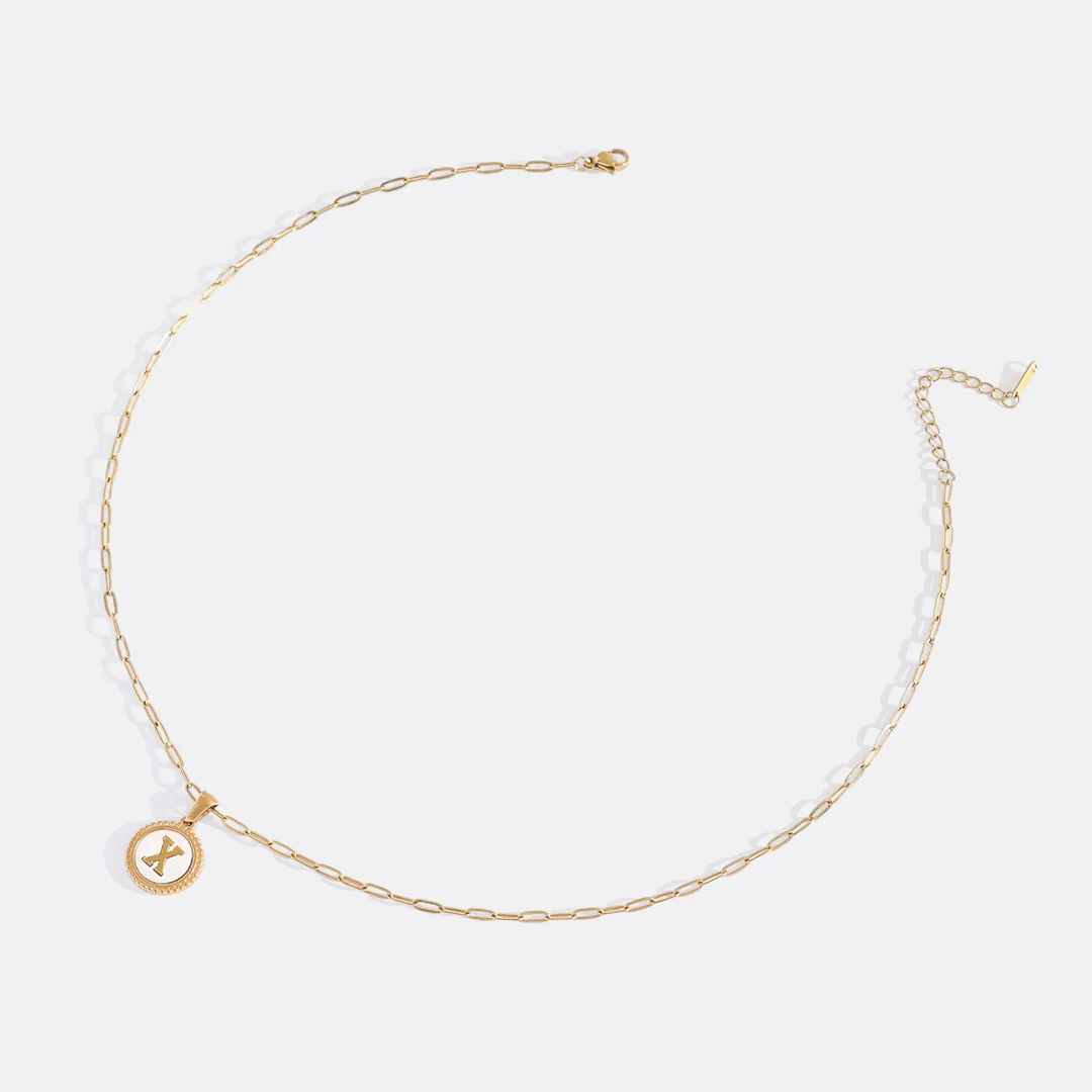 Mother of Pearl Disc Letter Necklace with Paperclip Chain