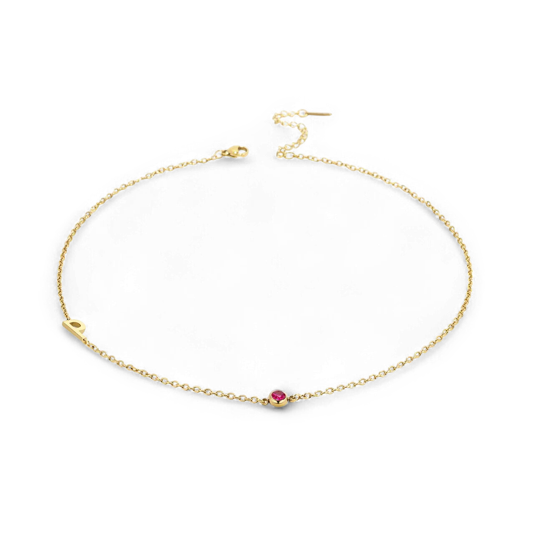 Initial Necklace with Birthstone Accent