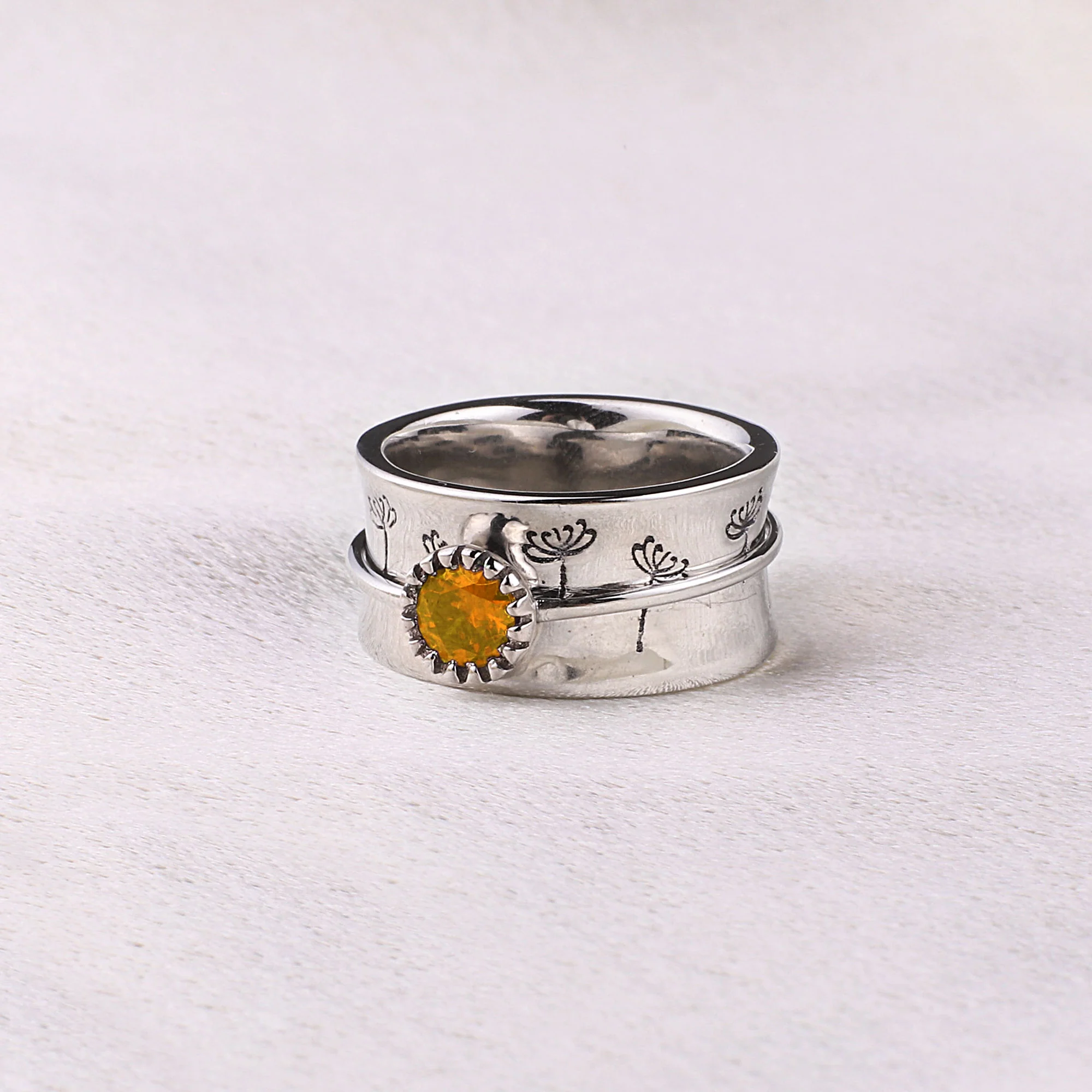 Silver Dandelion Birthstone Spinning Fidget Ring